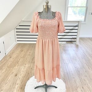 NWT XS LC peach coral orange pink checkered midi dress